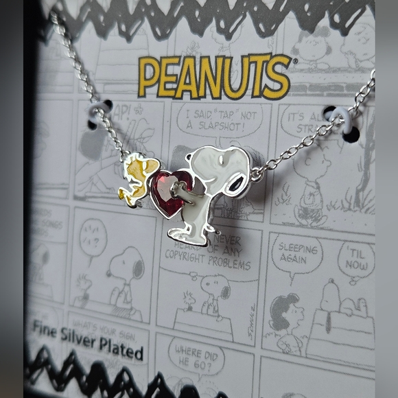 Peanuts Womens Snoopy and Woodstock Red Crystal Silver Plated Heart Necklace - Picture 7 of 12
